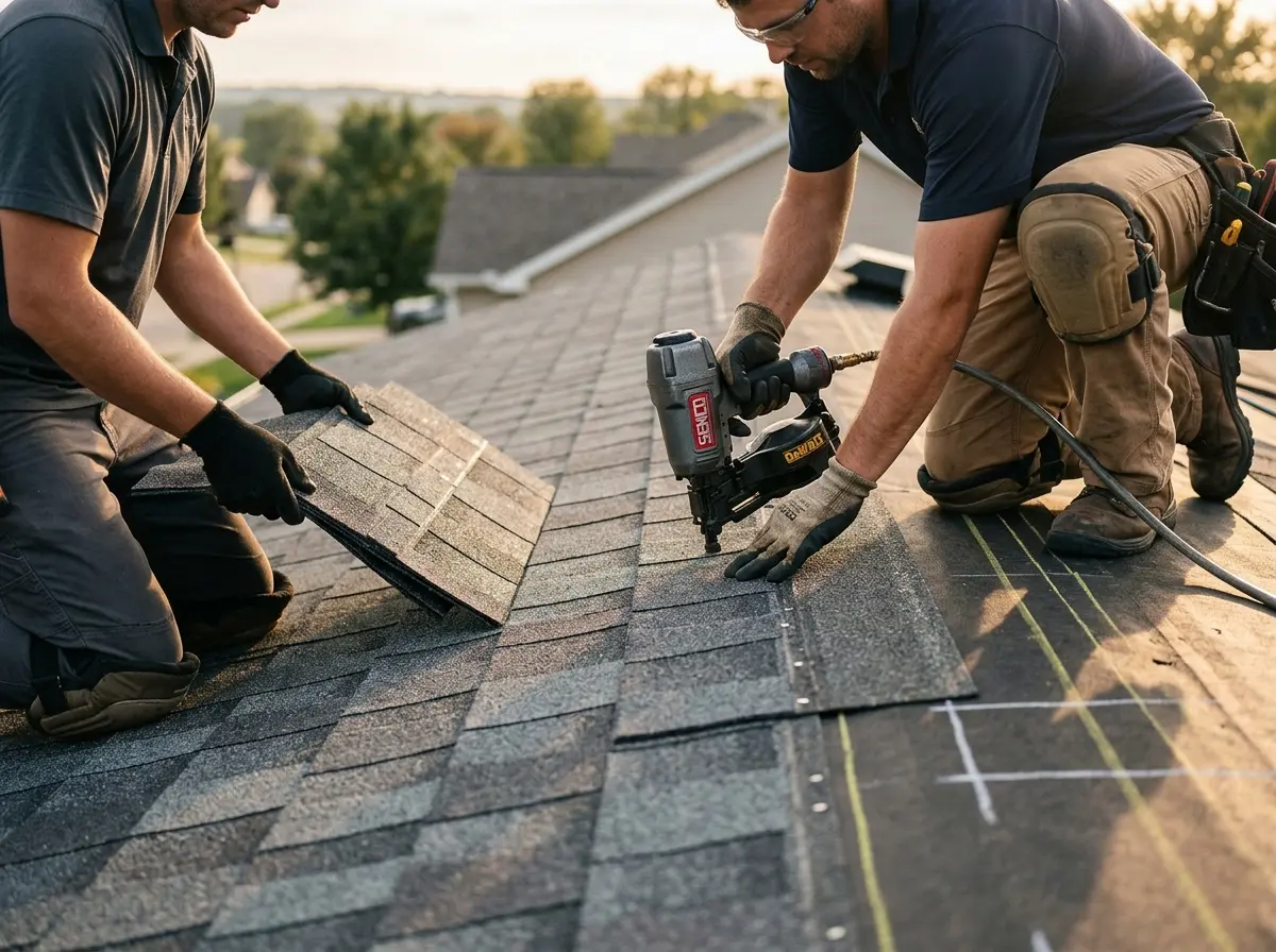 Professional roofer working on a residential roof in Hailey